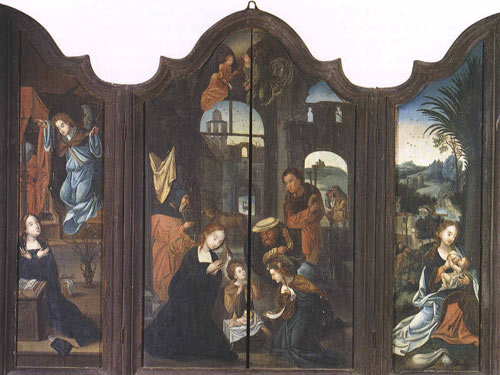 Genova, Santa Caterina - Maestro fiammingo: Adorazione dei pastori (portelle laterali: Annunciazione e Riposo nella fuga in Egitto)